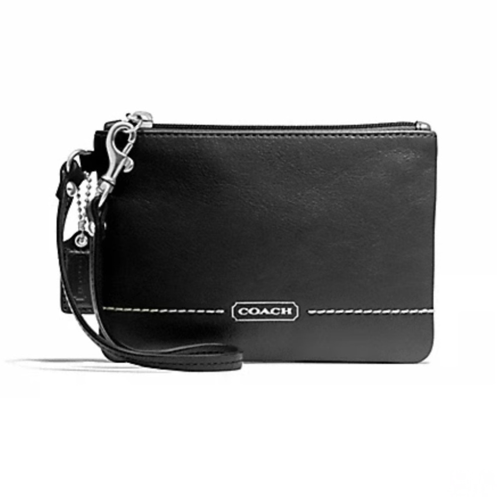 Coach Black Leather Wristlet Clutch with Contrast Stitching